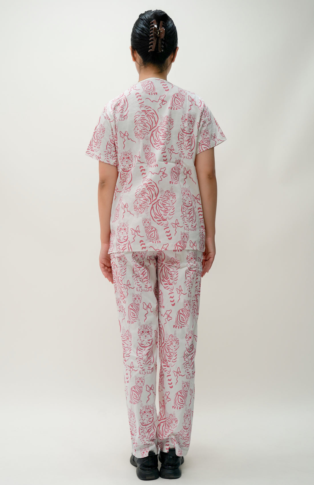 Pink & White Cotton Scrub with Cat Print