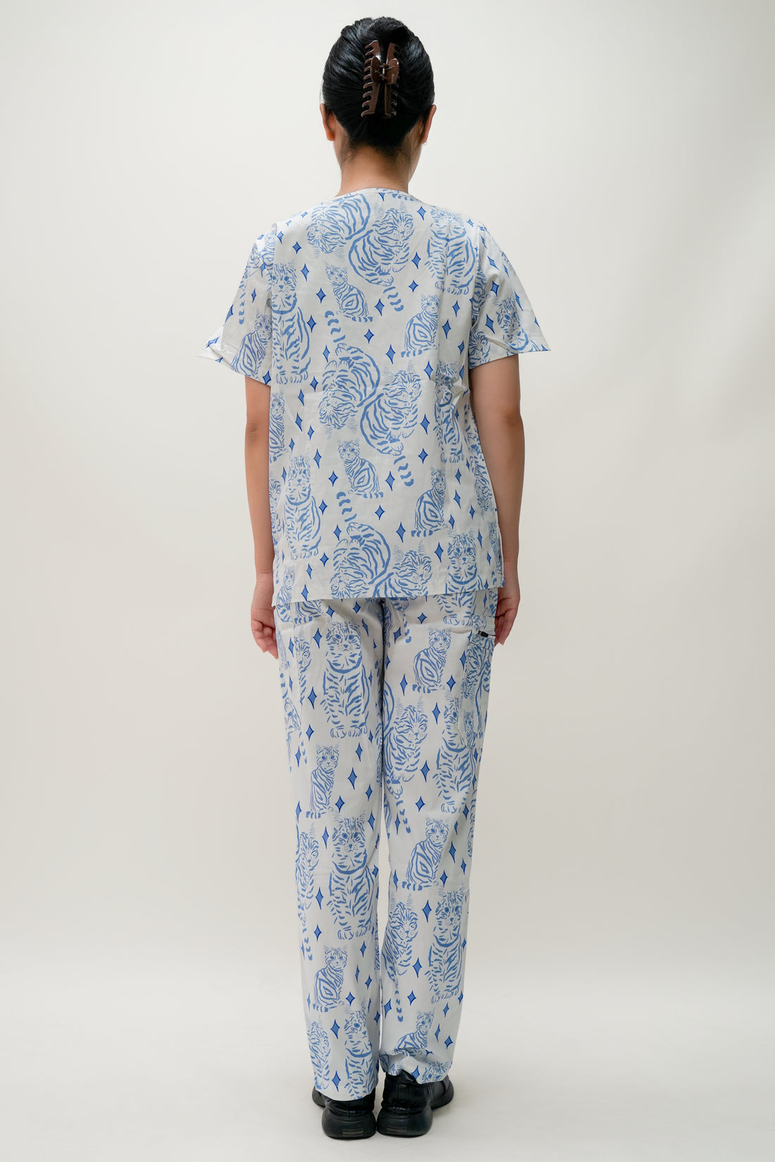 Blue & White Cotton Scrub with Cat Print