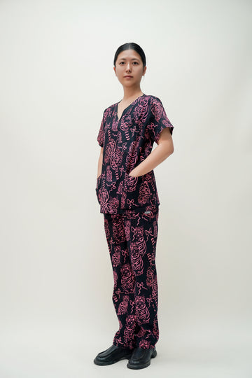 Black & Red Cotton Scrub with Cat Print