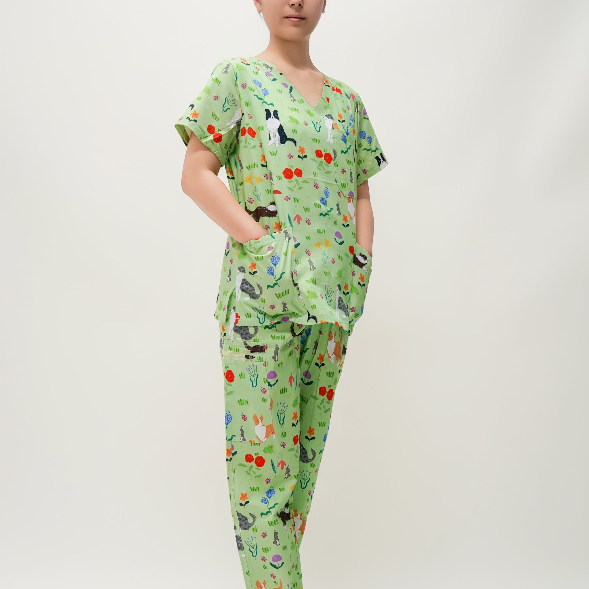 Green Cotton Scrub with Dog Print