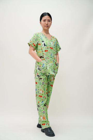 Green Cotton Scrub with Dog Print