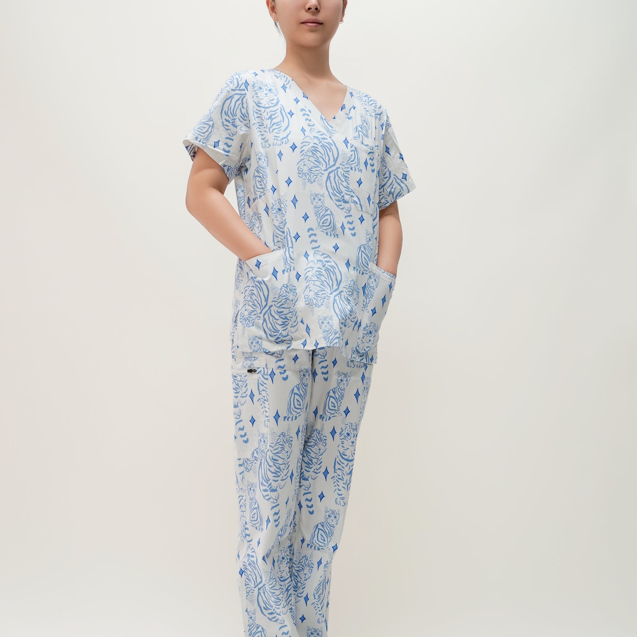 Blue & White Cotton Scrub with Cat Print