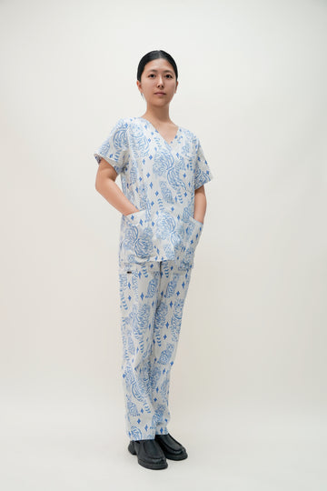 Blue & White Cotton Scrub with Cat Print