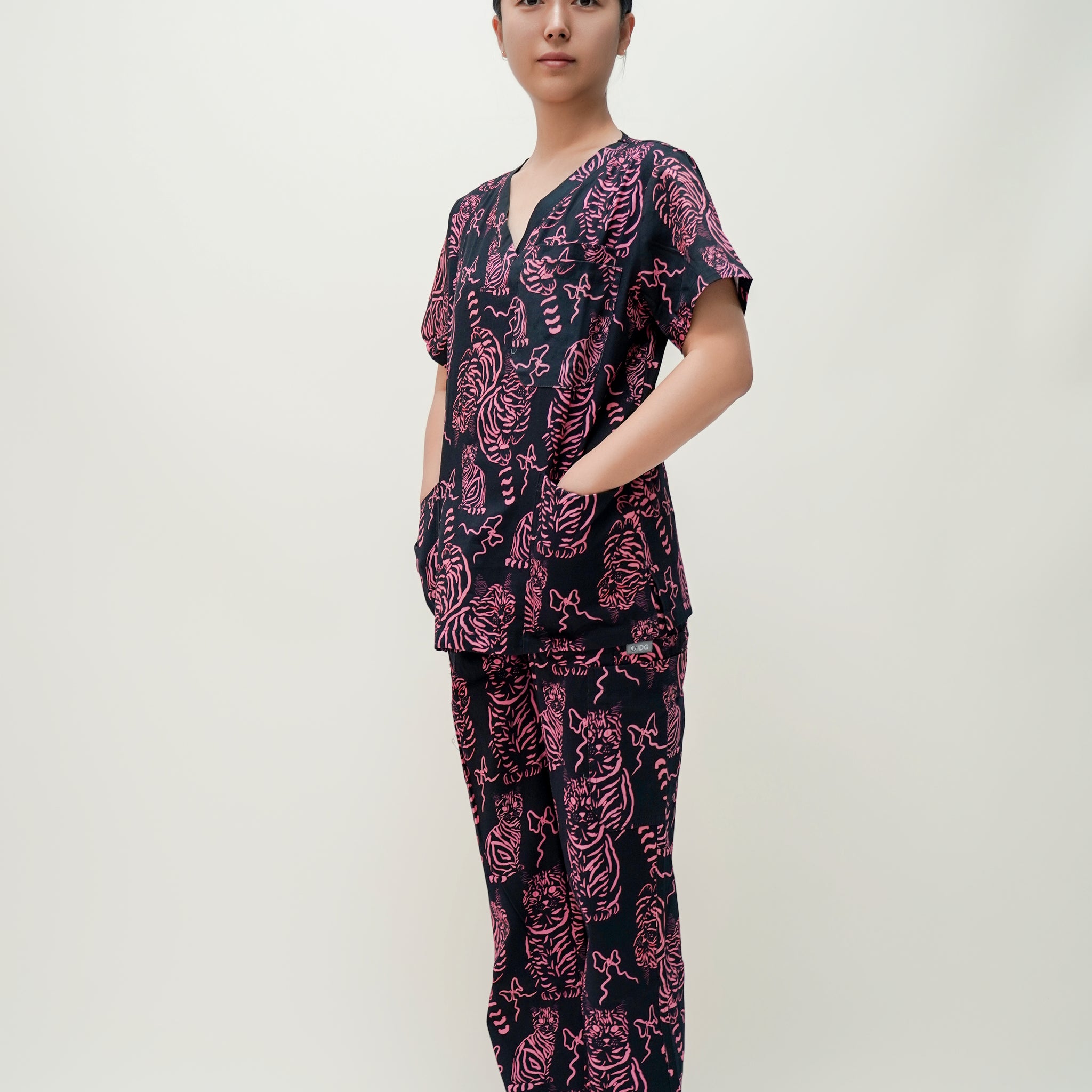 Black & Red Cotton Scrub with Cat Print