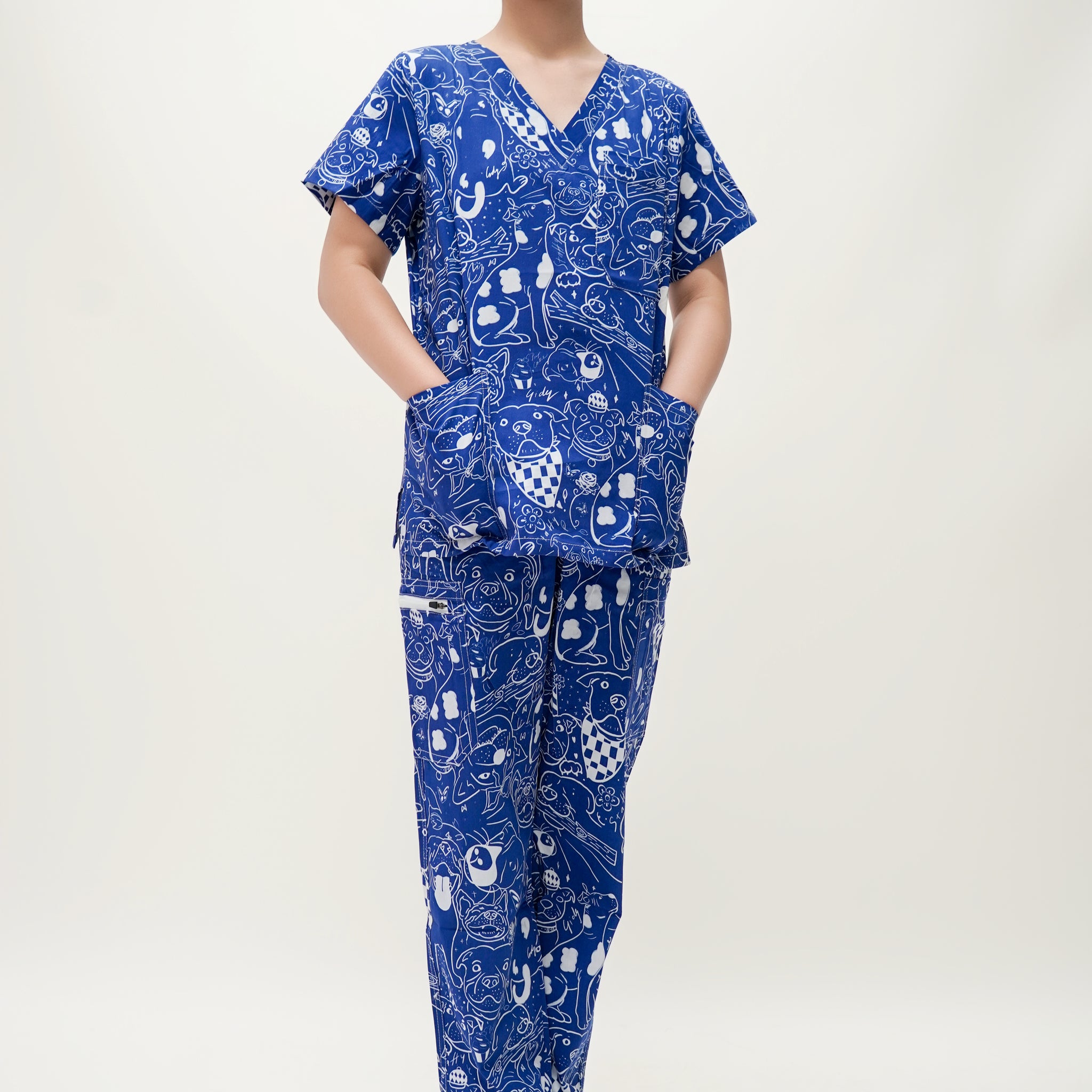 Blue Cotton Scrub with Dog Print