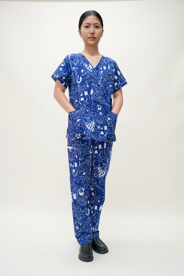 Blue Cotton Scrub with Dog Print