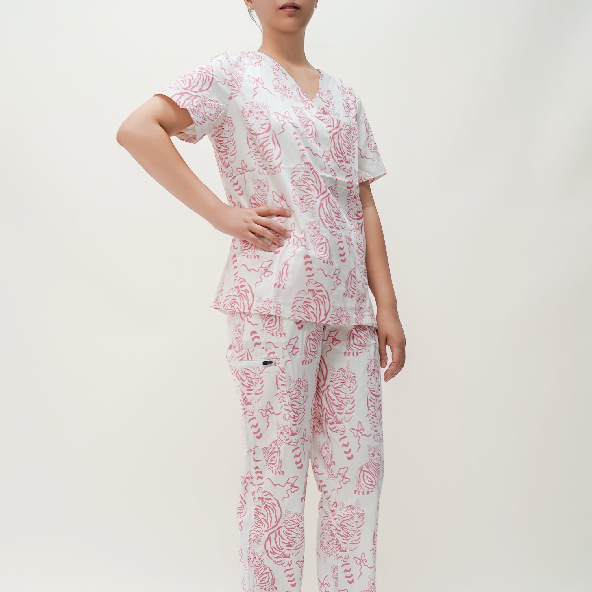 Pink & White Cotton Scrub with Cat Print