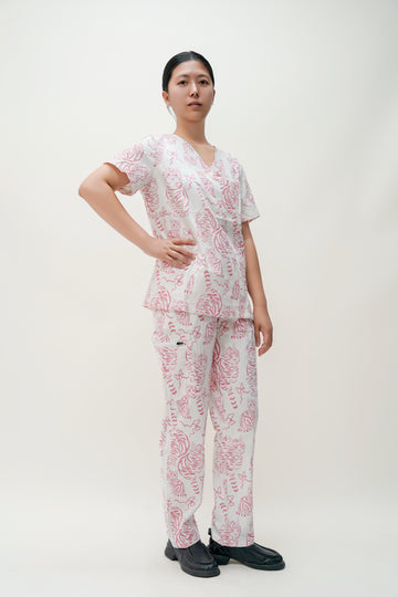 Pink & White Cotton Scrub with Cat Print